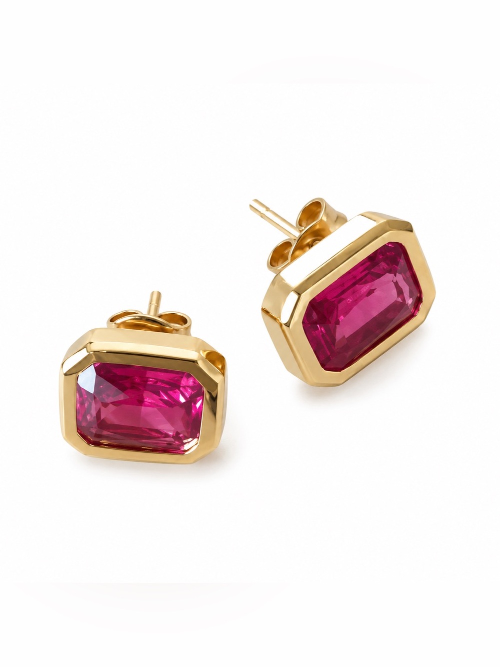 18k Gold Plated PVD Lab-created Ruby Emerald Cut Stud Earrings